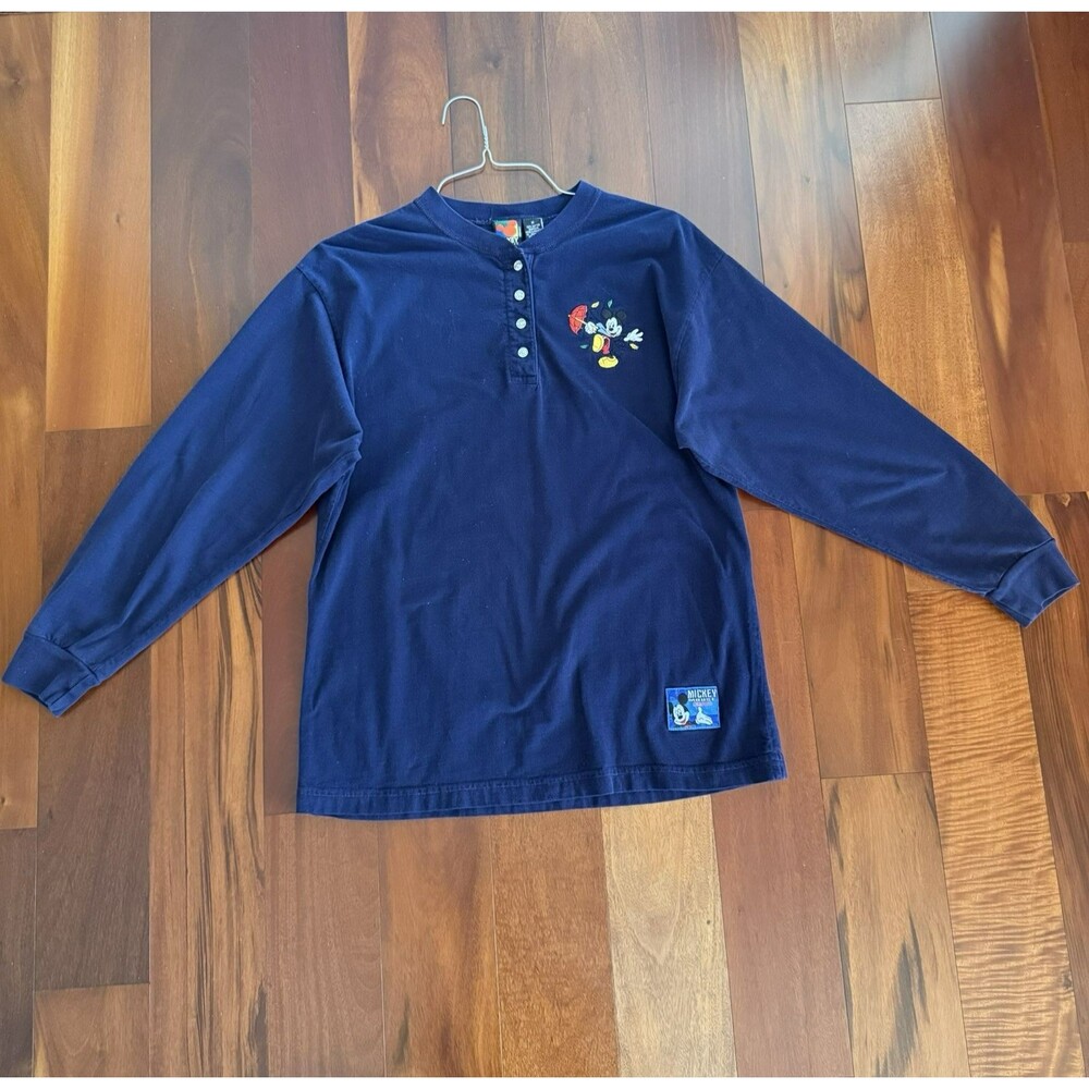 Vtg MICKEY UNLIMITED Henley Shirt Mens Singing in the Rain Blue Embroidered Sz M